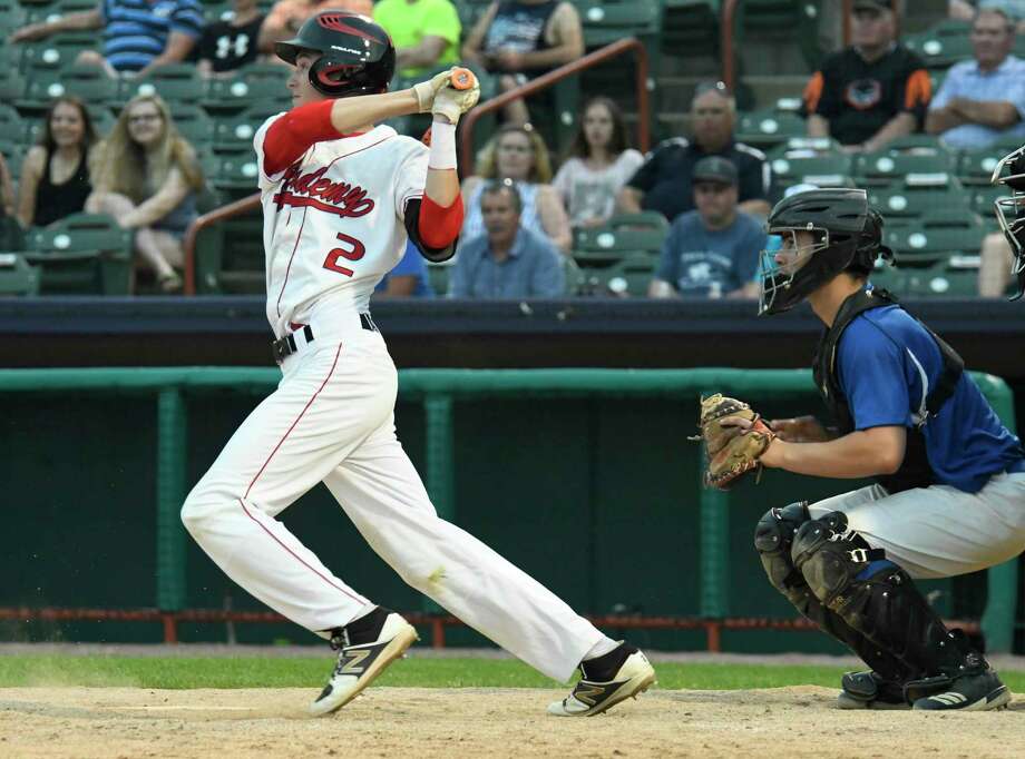 Albany Academy shortstop John Decker watches his hit soar during the Class B Section II final against Ichabod Crane  on Saturday, May 26, 2018, at Hudson Valley Community College in Troy, N.Y. (Jenn March, Special to the Times Union) Photo: Jenn March / © Jenn March 2018 © Albany Times Union 2018