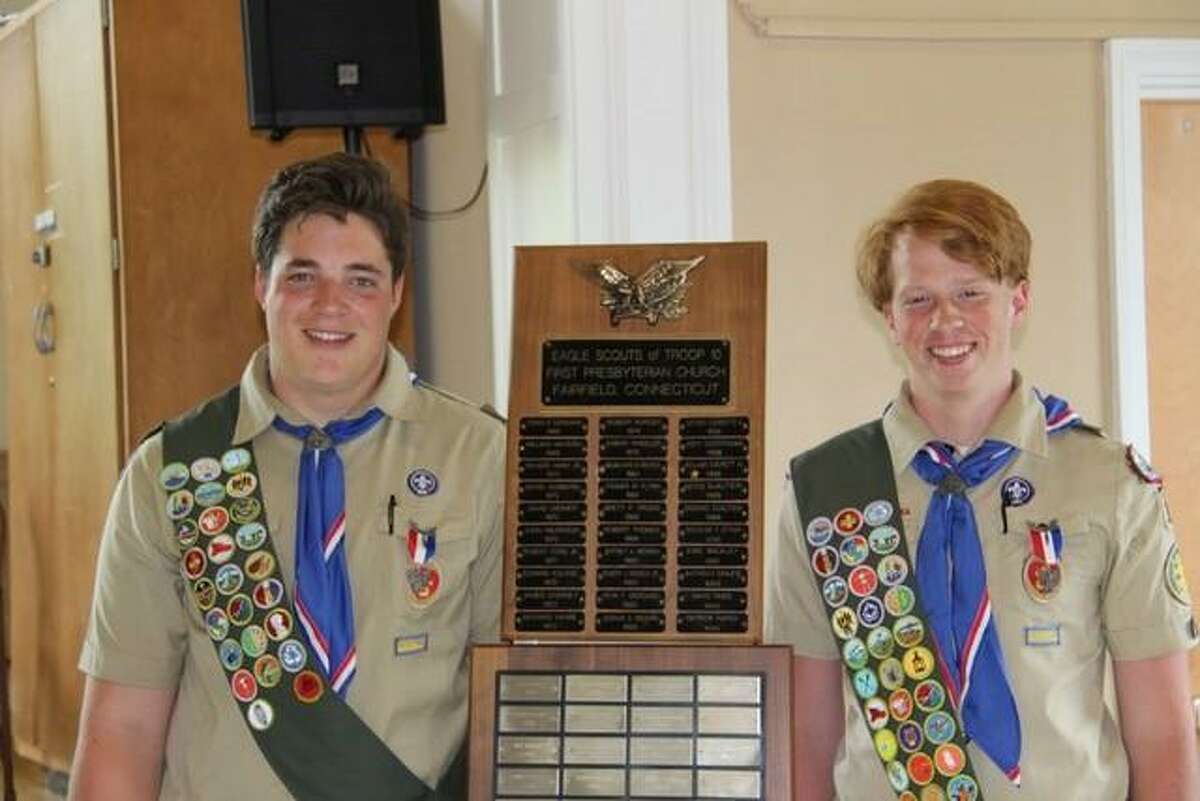 Leo Johnson (left) and Will Graney Green of Troop 10 in Fairfield celebrated their Eagle Scout rank on Saturday.