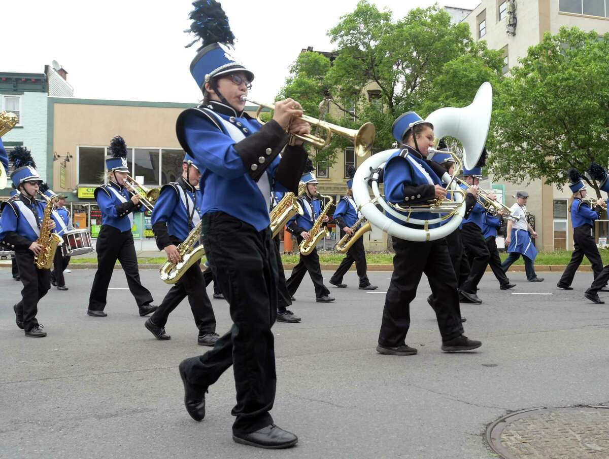 Members of the Albany Marching Falcons perform as they take part in the Albany Memorial Day Parade on Monday, May 28, 2018, in Albany, N.Y. (Paul Buckowski/Times Union)