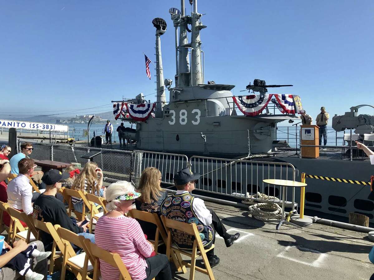 The exterior of World War II submarine Pampanito, docked in San Francisco Bay.