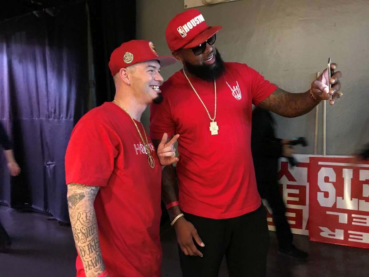 Paul Wall and Slim Thug record a video from the Houston Rockets' Snapchat before Game 7 of the Rockets-Warriors Western Conference finals series on Monday, May 28, 2018 at Toyota Center.