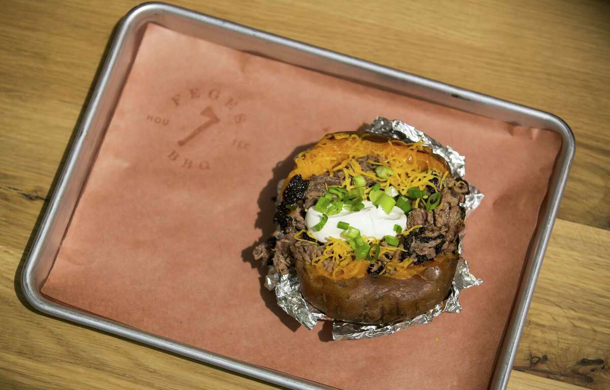 Loaded BBQ baked sweet potato at Feges BBQ in Greenway Plaza
