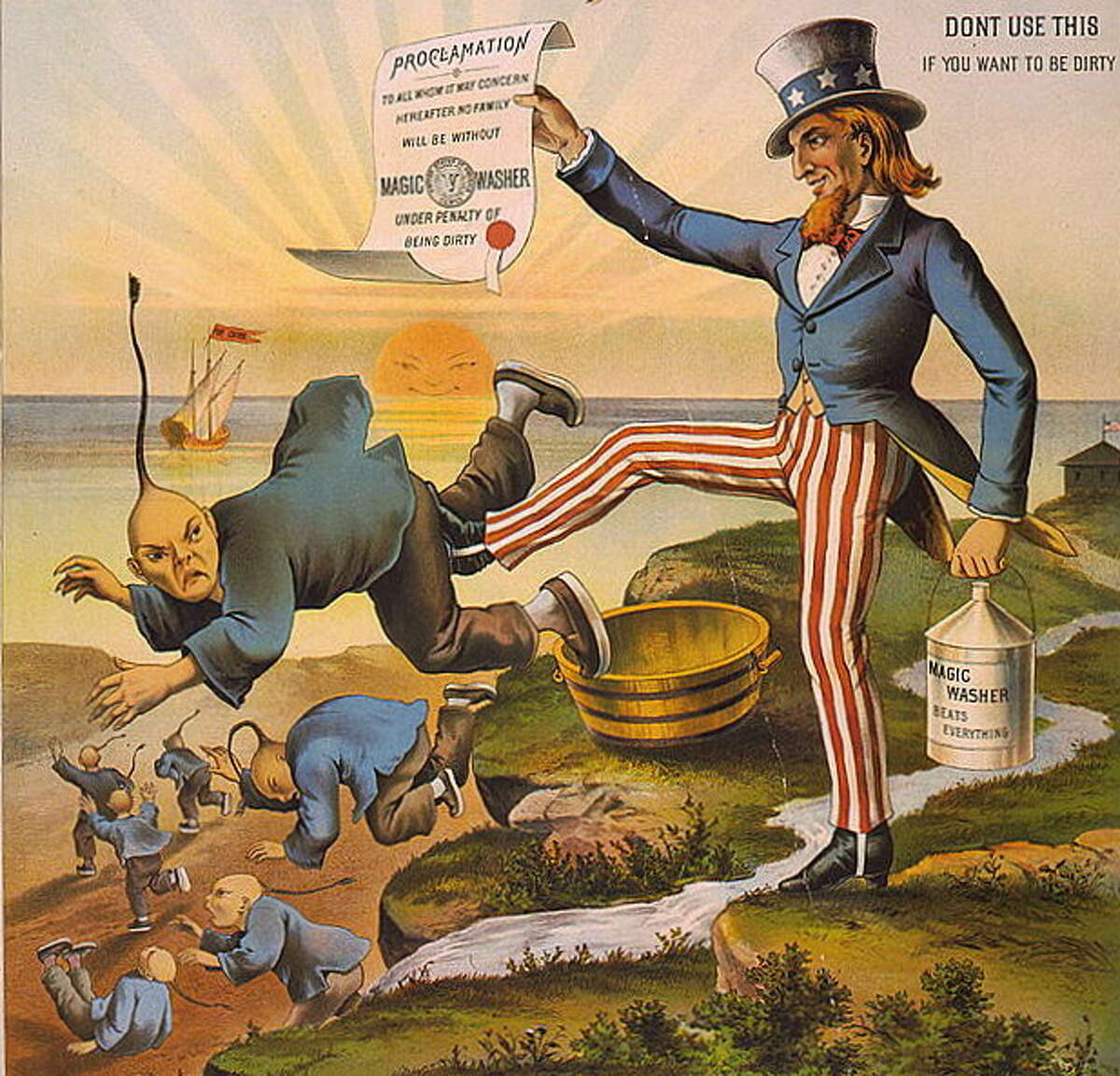 A racist "political cartoon" poster by George Dee Magic Washing Machine Company refers to the 1882 Chinese Exclusion Act while promoting its "George Dee Magic Washer." The manufacturers clearly hoped the machine would displace Chinese laundry operators.