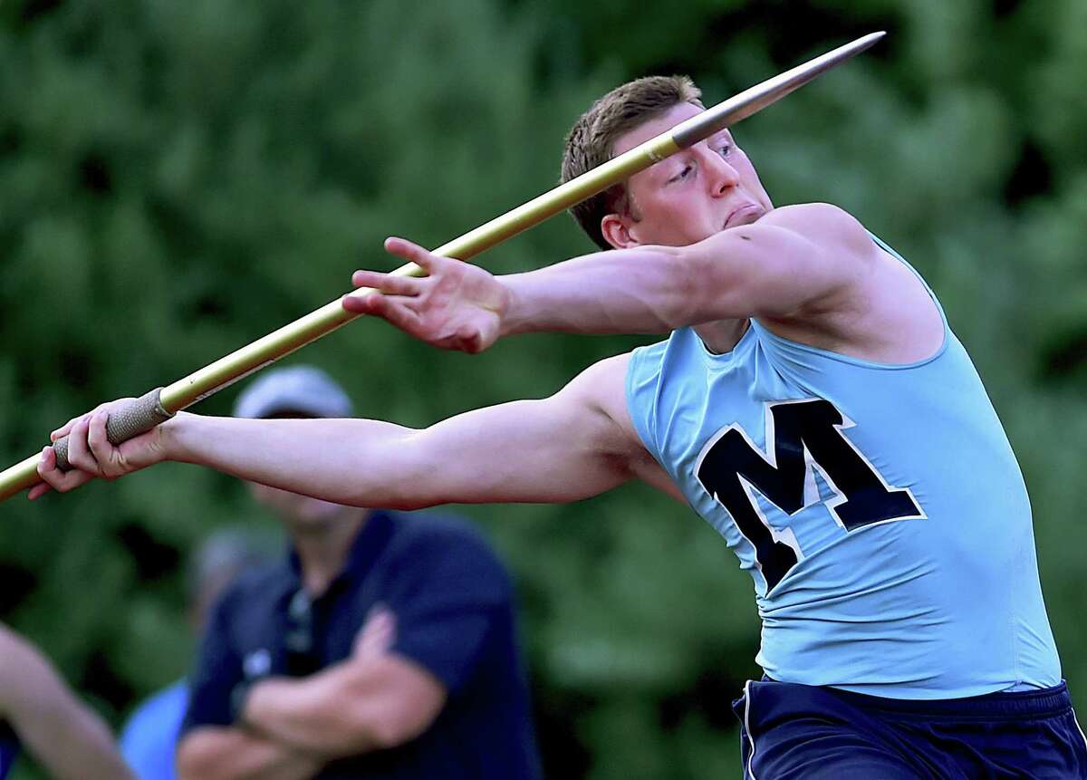 Middletown senior Dylan Drescher threw 172-02 to win the javelin throw at the CIAC Class L track and field championshipson Tuesday at Middletown High School. Drescher placed fourth in the shot put with a throw of 134-11.