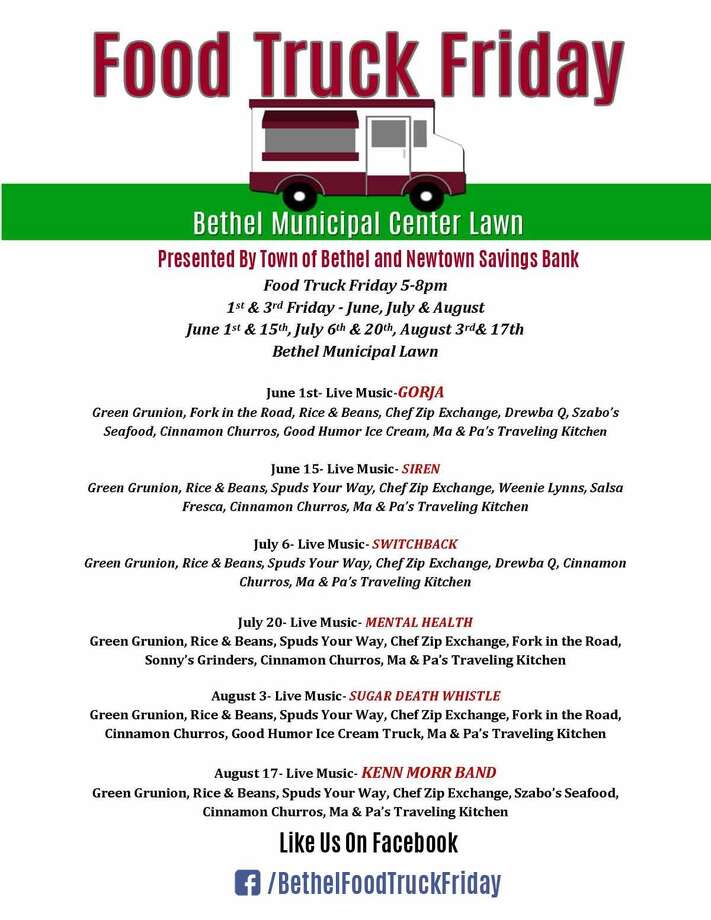 Food Truck Fridays, presented by the town and Newtown Savings Bank, are from 5 to 8 p.m. on the first and third Fridays of June, July and August on the Bethel municipal center lawn. Photo: / Contributed Photo