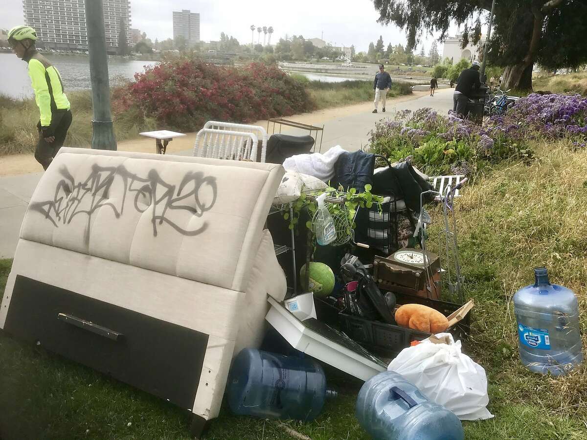 City prepares to discard homeless belongings on edge of Lake Merritt 9n Wednesday,� as part of a clean up in advance of Oakland hosting the NBA finals.