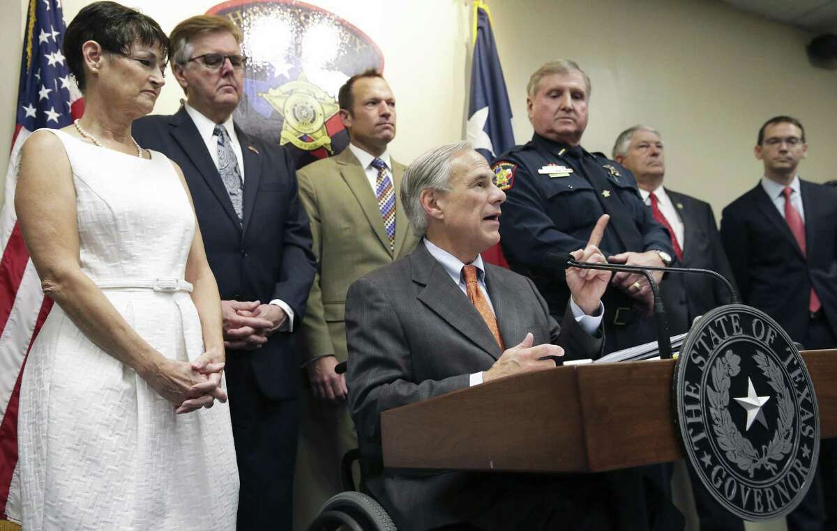 Gov. Gregg Abbott reveals his school safety proposals at a press conference at the Hays County Law Enforcement Center in San Marcos on May 30, 2018.