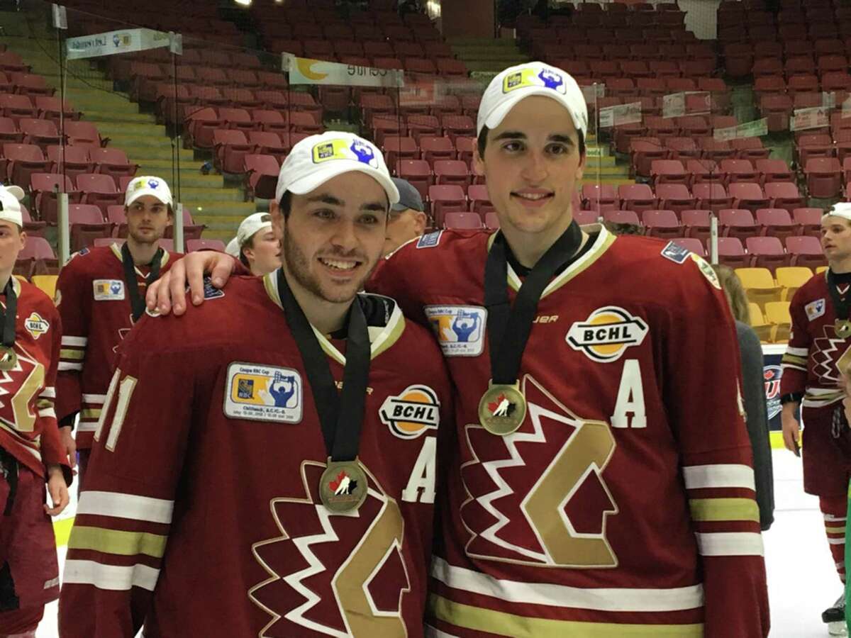 Anthony Vincent, right, a Wilton resident, helped the Chilliwack Chiefs skate to the 2018 BCHL championship earlier this month. Vincent, who skated at Salisbury, had nine goals and 17 assists in 40 games as a defenseman for the Chiefs this season. He will attend Holy Cross in the fall and skate for the Crusaders.