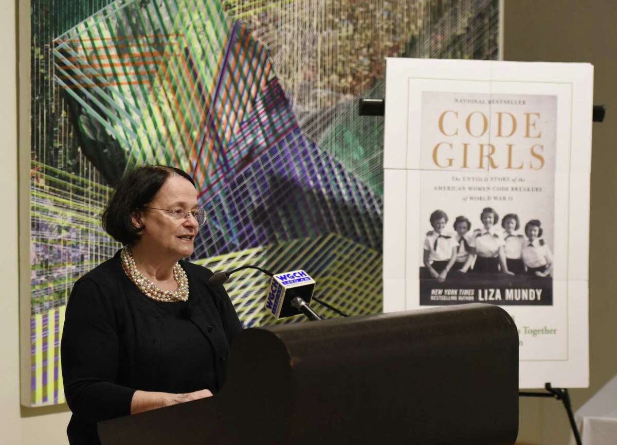 Greenwich Library Director Barbara Ormerod-Glynn speaks at the revealing of the Greenwich Reads Together book at Greenwich Library in Greenwich, Conn. Wednesday, May 30, 2018. The 2018 selection was "Code Girls," by Liza Mundy, which details the contributions of the women who served as codebreakers during World War II. Their meticulous efforts shortened the war and saved thousands of lives, but a strict vow of secrecy nearly erased their efforts from history.