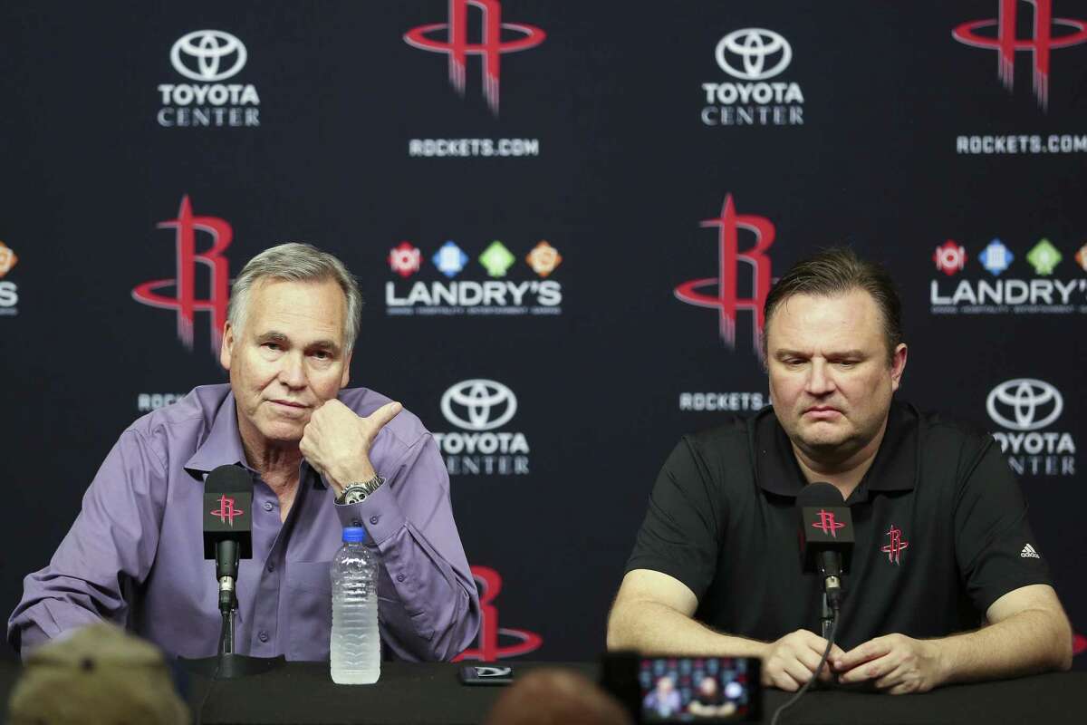 Houston Rockets head coach Mike D'Antoni, left, and General Manager Daryl Morey reflect on the 2017-18 season during a news conference May 30. Click through the gallery to see the contract status of each Rockets player.