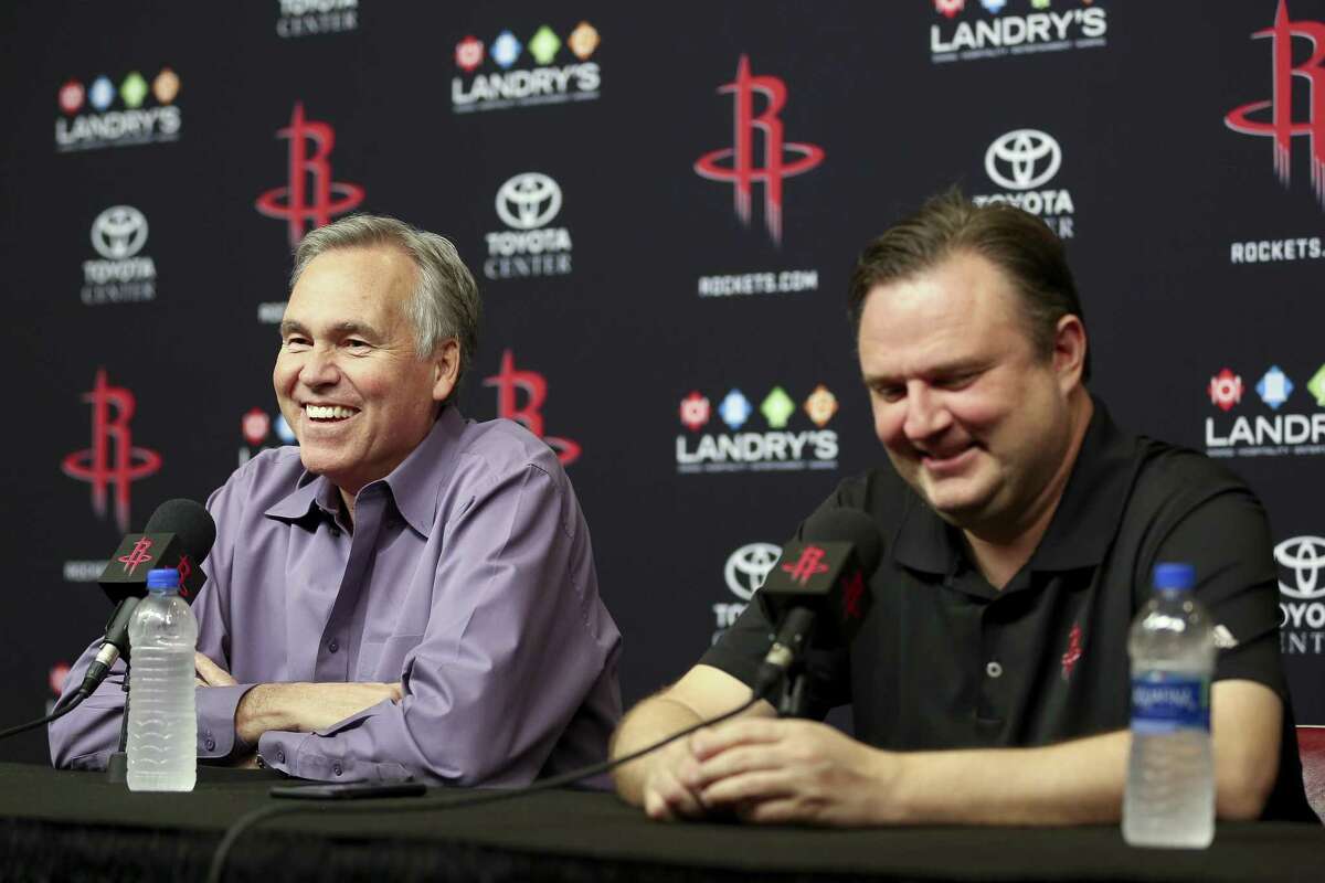 Houston Rockets head coach Mike D'Antoni, left, and general manager Daryl Morey speak at an end of the season press conference at the Toyota Center Wednesday, May 30, 2018 in Houston. (Michael Ciaglo / Houston Chronicle)