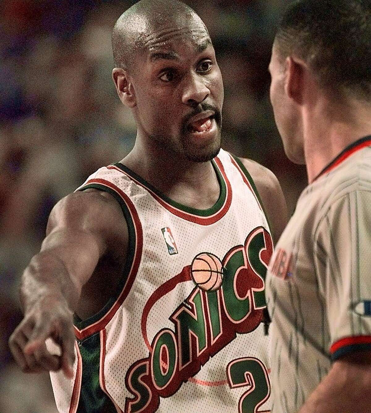 Seattle SuperSonics' Gary Payton has words with an official in the first quarter against the Cleveland Cavaliers Tuesday on Jan. 18, 2000 in Seattle.