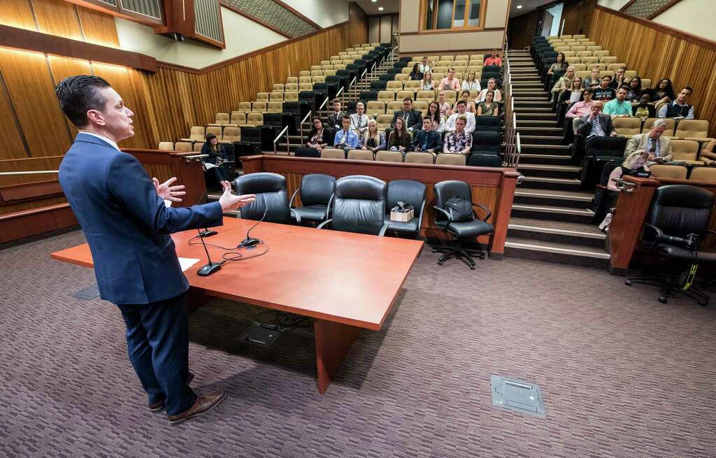 Assemblyman Angelo Santabarbara speaks students from various counties within his Assembly District as they prepare to take the positions of Assemblymen and women and run a "hearing" on the effect of untethering standardized tests from teacher evaluations at the Legislative Office Building Thursday May 31, 2018 in Albany, N.Y.  (Skip Dickstein/Times Union) Photo: SKIP DICKSTEIN, Albany Times Union / 20043954A