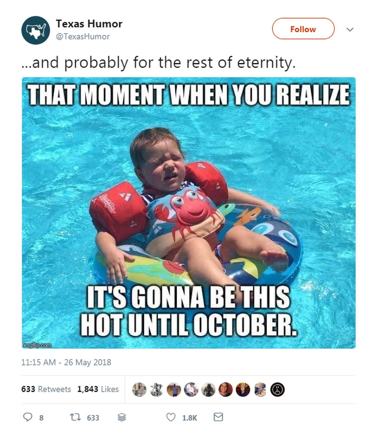 It's summer in Texas and these memes perfectly describe the struggle of dealing with months of intense heat. Photo: @TexasHumor Twitter