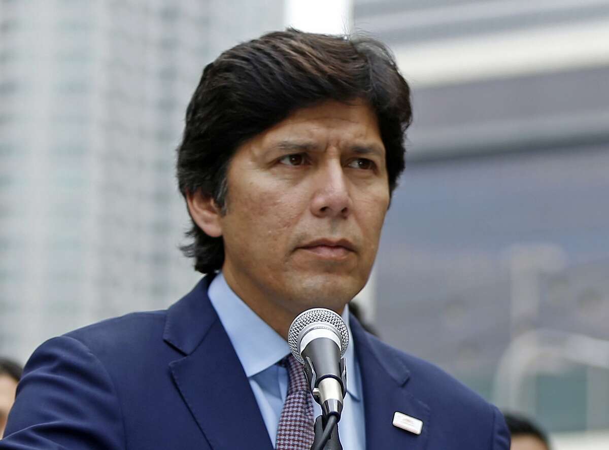 ADVANCE FOR USE SATURDAY, MAY 4, 2018 AND THEREAFTER FILE - In this Dec. 20, 2017 file photo, California state Senate President pro Tempore Kevin de Leon, D-Los Angeles, speaks in Los Angeles. In the California Primary election, de Leon is challenging fellow Democrat, incumbent U.S. Sen. Dianne Feinstein, for her senate seat. (AP Photo/Damian Dovarganes, File)