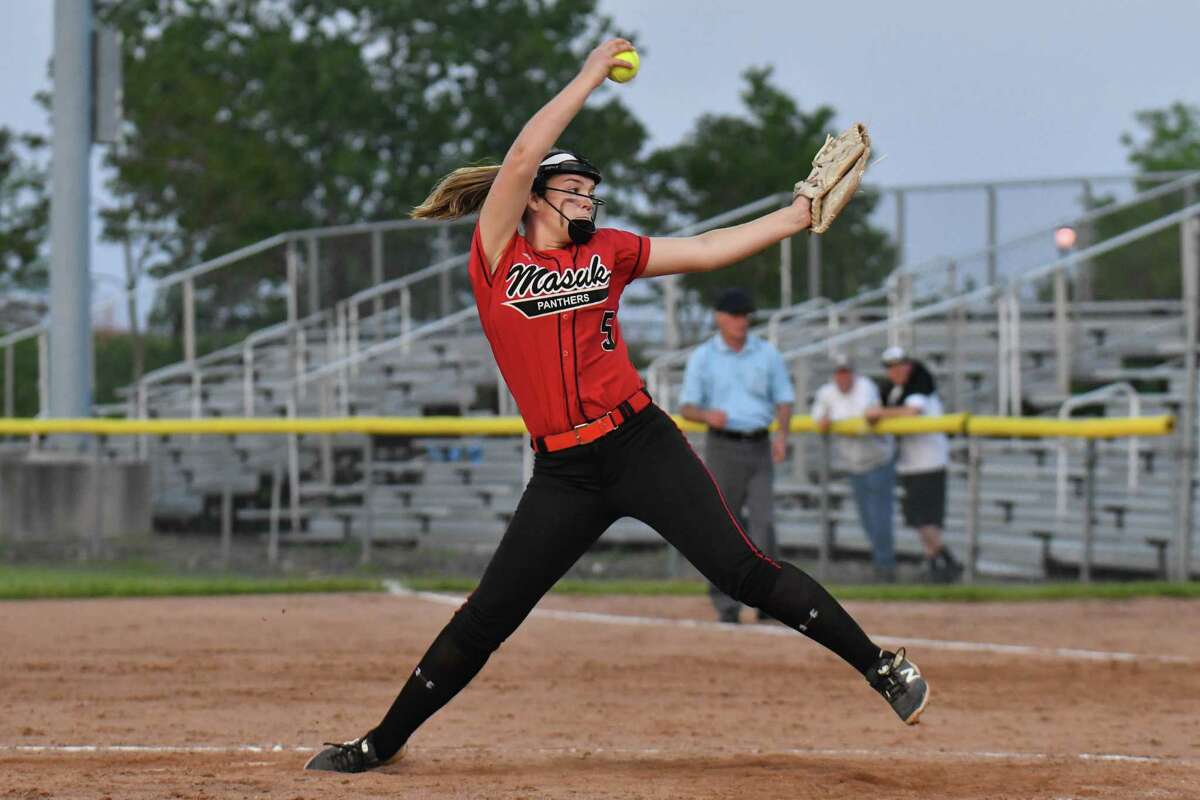 Starting Pitcher Samantha Schiebe (5) of the Masuk Panthers delivers a pitch during the SWC Championship Game against the Newtown Nighthawks on Friday May 25, 2018, at DeLuca Field in Stratford, Connecticut.