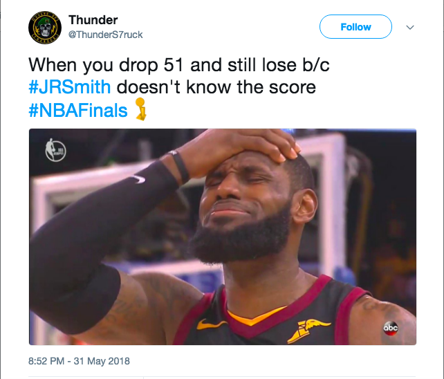 The infamous LeBron/JR Smith meme from the 2018 NBA Finals, LeBron James, J.  R. Smith, Cleveland Cavaliers, Golden State Warriors