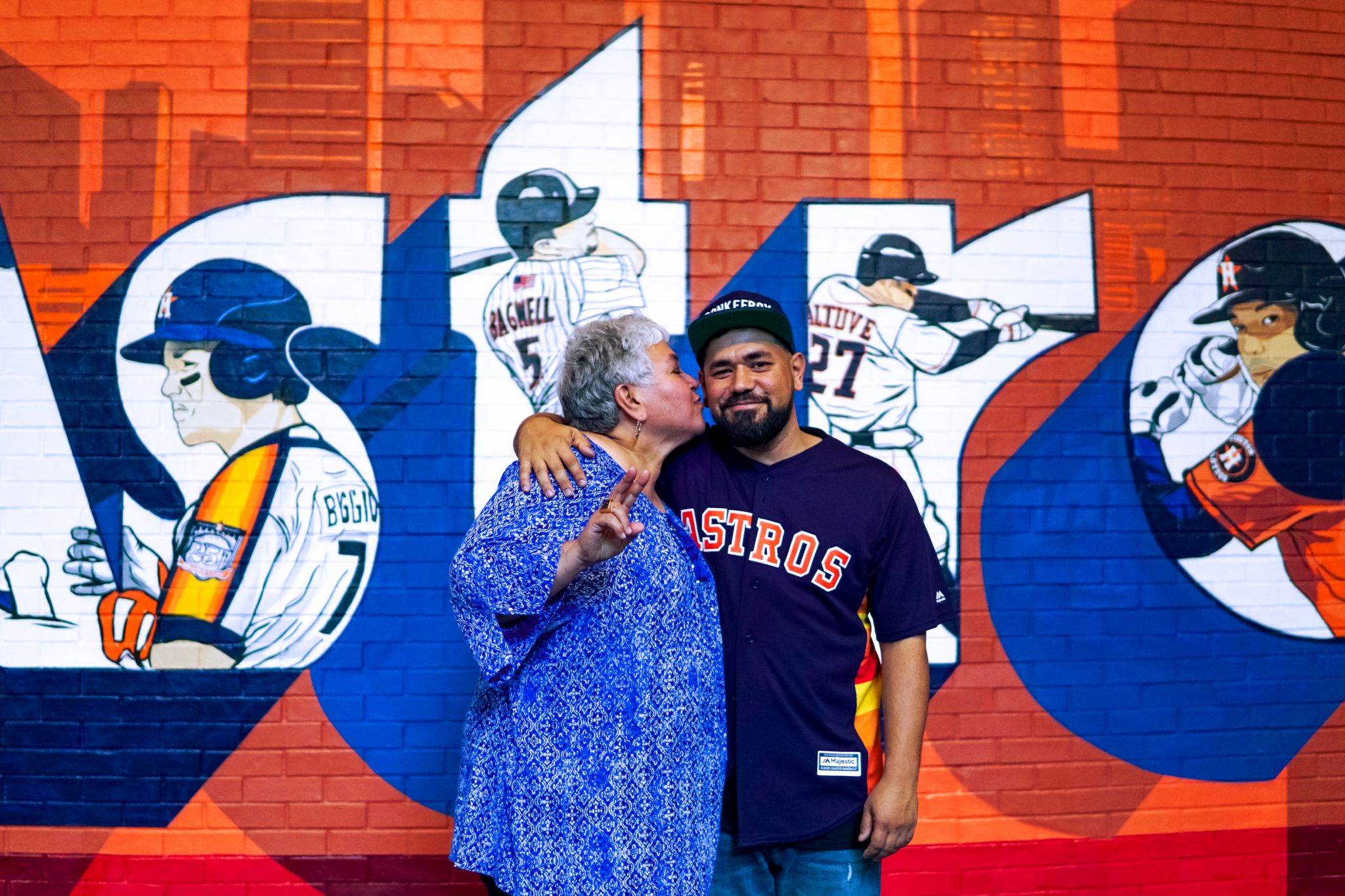 All aboard! Jose Altuve, Orbit on mural featuring Minute Maid Park