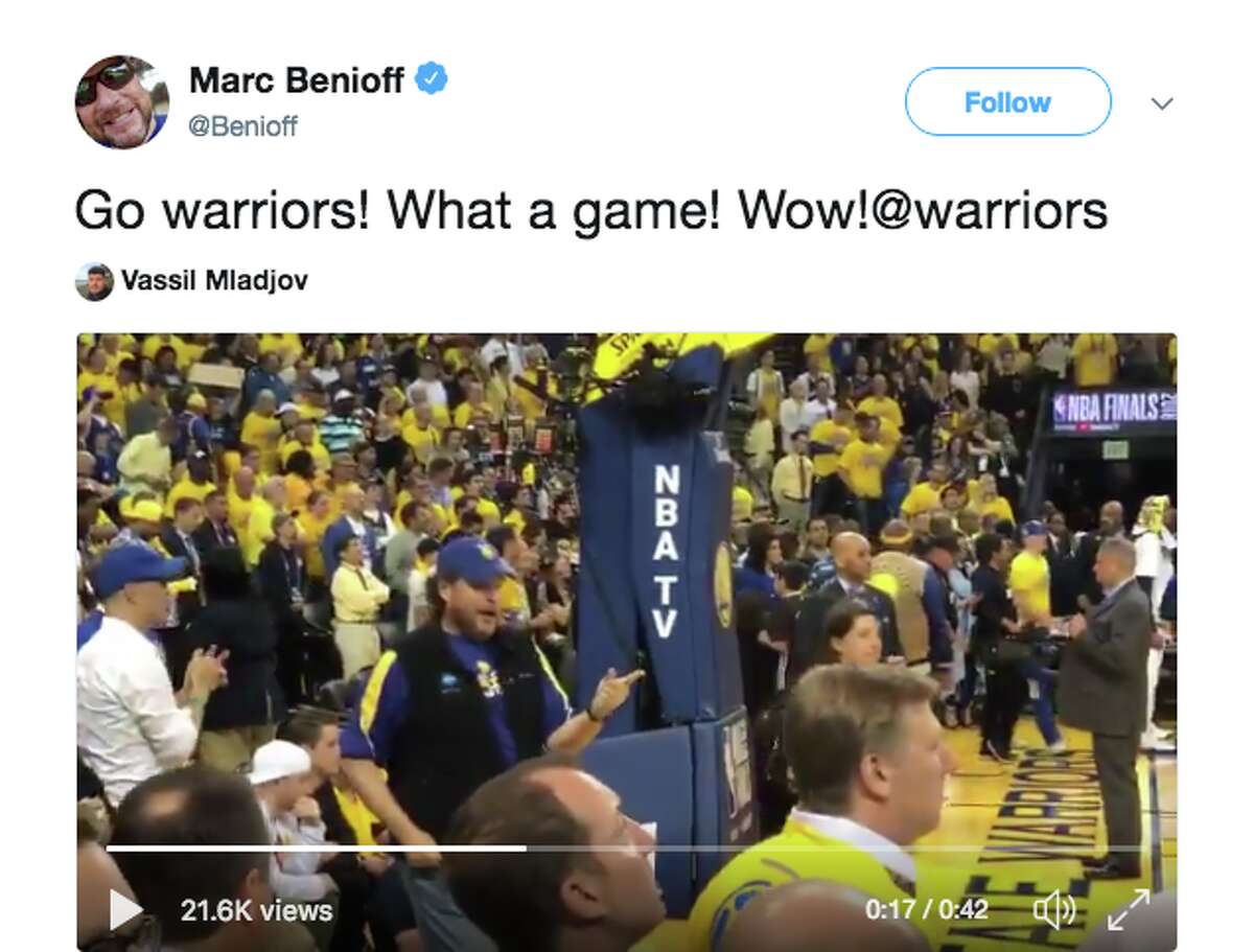 Marc Benioff dancing at Game 1 of the NBA Finals.