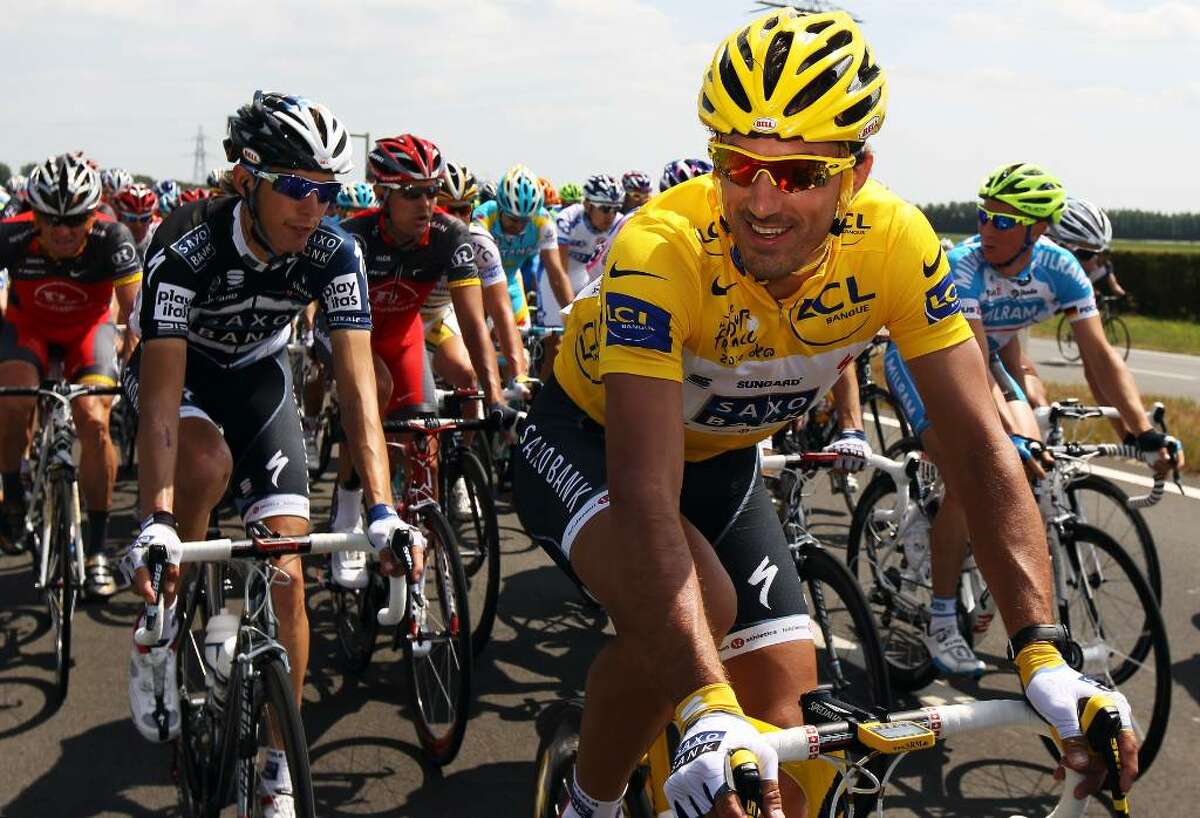 BRUSSELS, BELGIUM - JULY 04: Fabian Cancellara of Switzerland and Team Saxo Bank wears the race leader's yellow jersey during stage one of the 2010 Tour de France from Rotterdam to Brussels on July 4, 2010 in Brussels, Belgium. (Photo by Bryn Lennon/Getty Images) *** Local Caption *** Fabian Cancellara