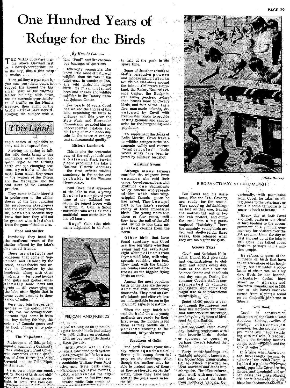 A July 26, 1970 Chronicle article on Lake Merritt, and the 100th anniversary of the bird refuge there.