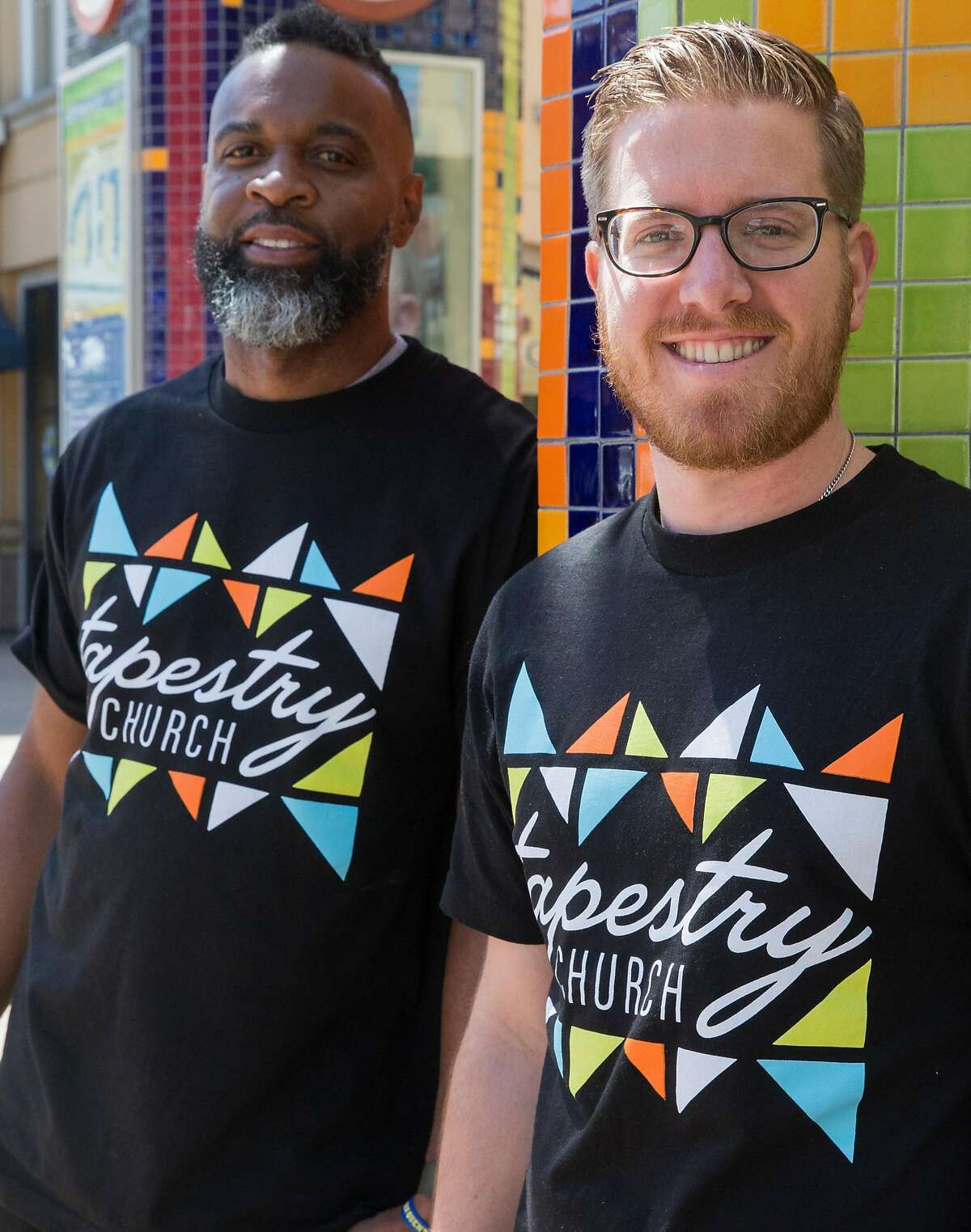 Tapestry Church founders and pastors Kyle Brooks, left, and Bernard Emerson pose for a portrait in Oakland, Calif. Friday, June 1, 2018.