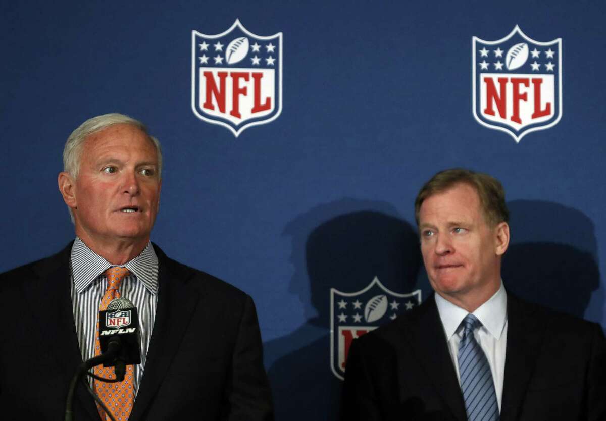 July 4, 2018 - NFL Players Association file grievance, challenging the NFL policy requiring them to stand for the anthem. Above, Cleveland Browns owner Jimmy Haslam and NFL commissioner Roger Goodell announce the divisive policy.