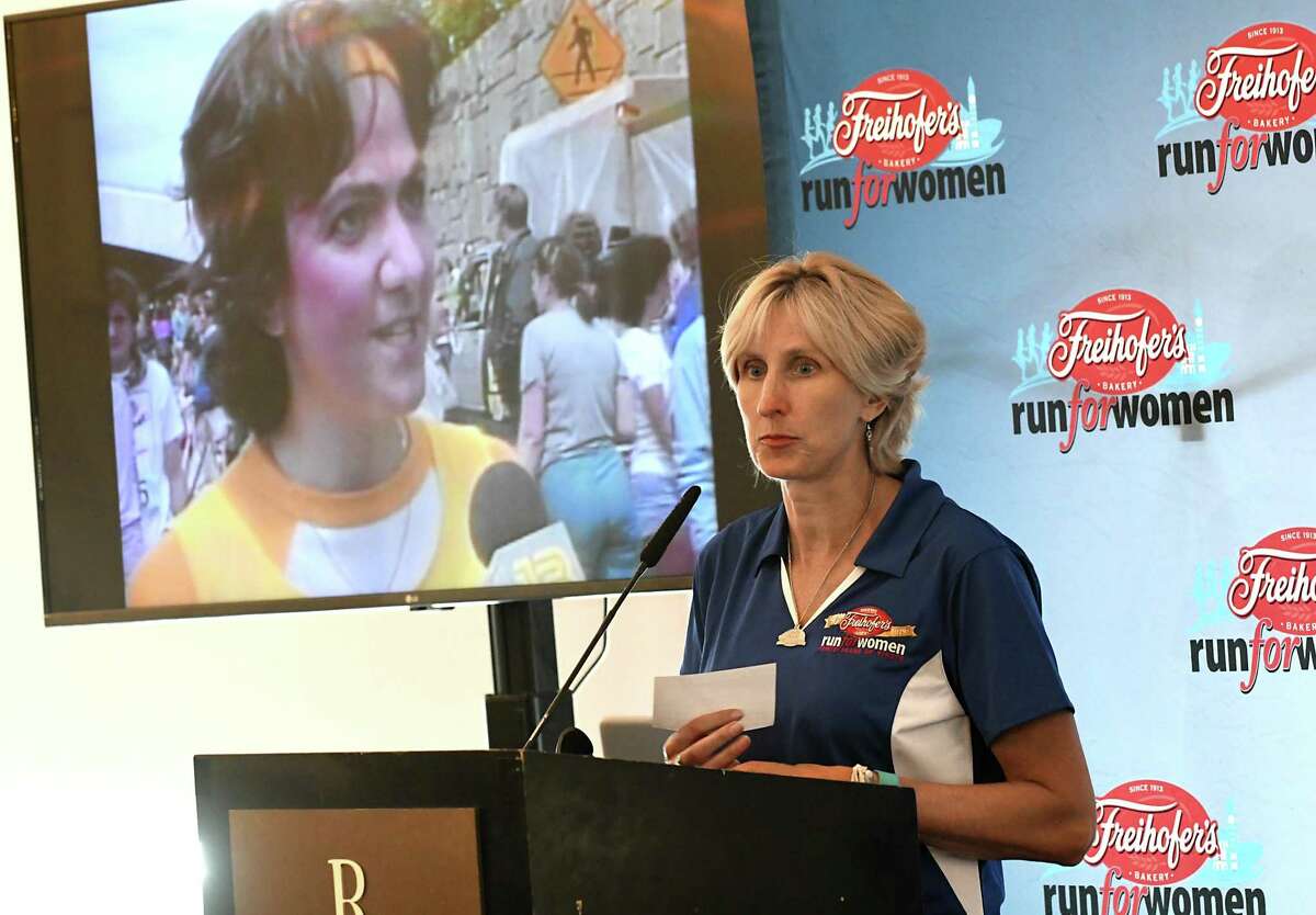 Kristen Hislop, seen speaking here at a 2018 news conference about the Freihofer's Run For Women, said the race needs volunteers to sign up for his year's 5K which will be held on June 4.  (Lori Van Buren/Times Union)