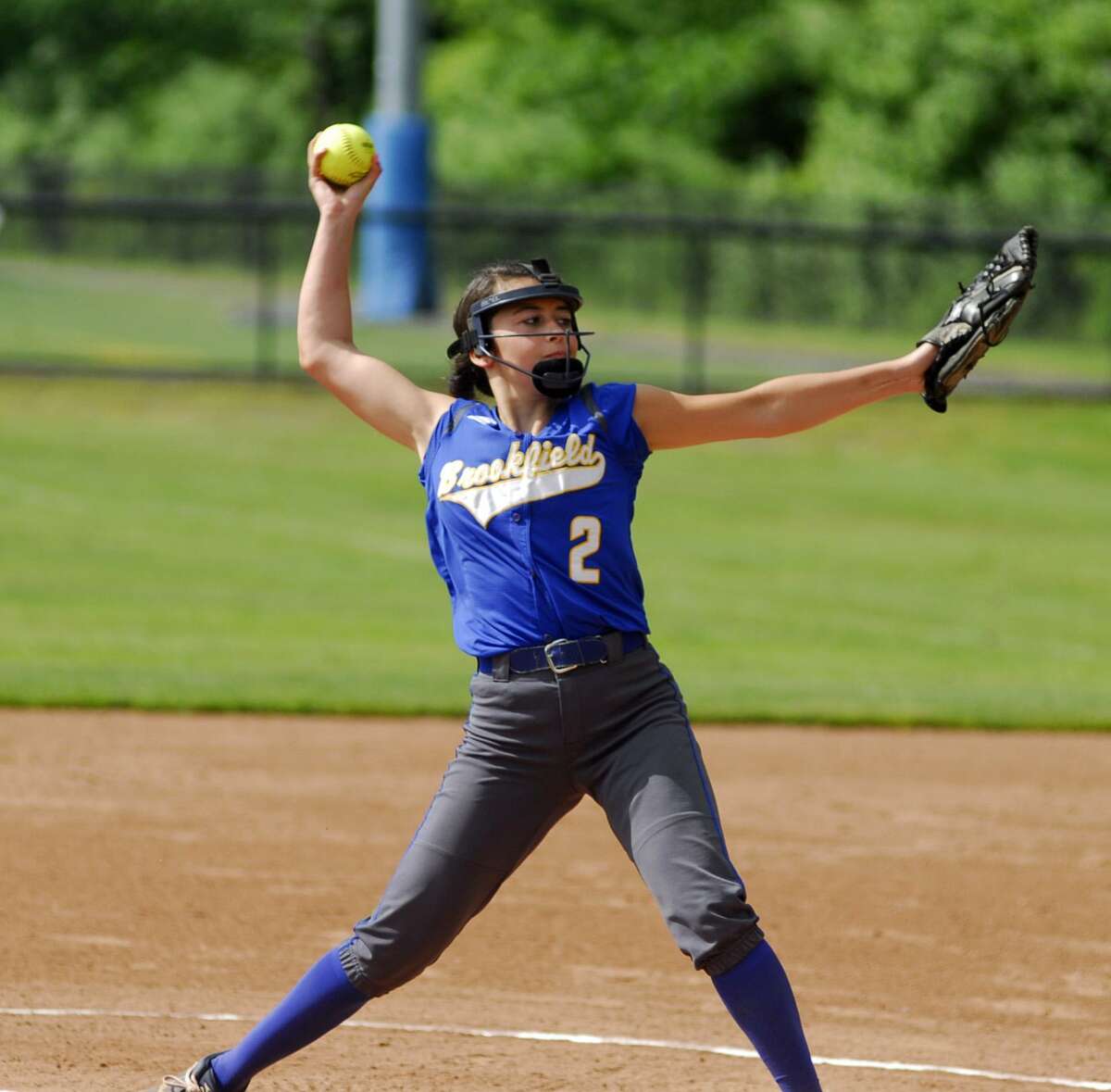 Brookfield’s Alyssa Lionetti throws a pitch during a game against Lyman Hall on Friday.
