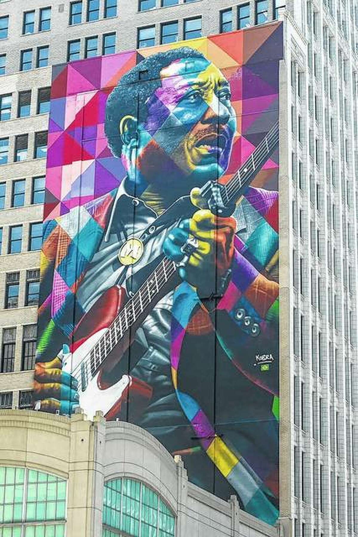 A nine-story mural of blues music legend Muddy Waters by artist Eduardo Kobra was completed in 2017 on State Street in Chicago.