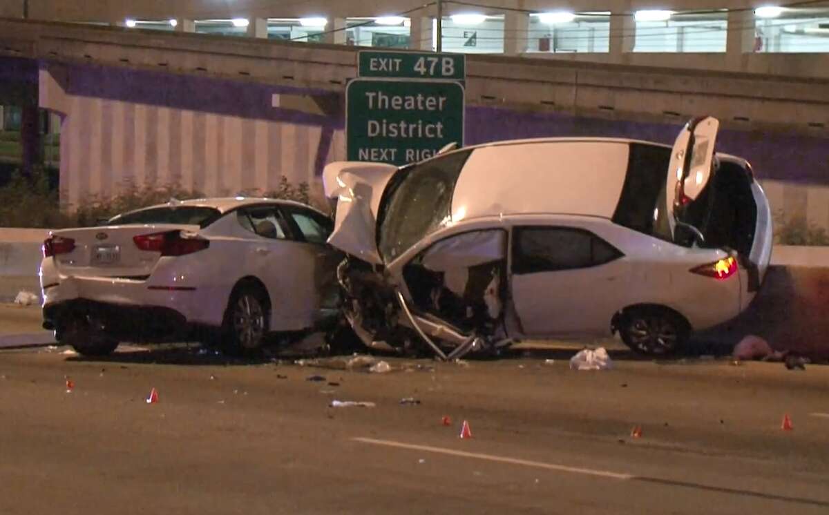 A wrong-way driver slammed into another vehicle and created a three-vehicle wreck about 2:30 a.m. Saturday on southbound Interstate 45 near the Pierce Elevated at West Dallas.