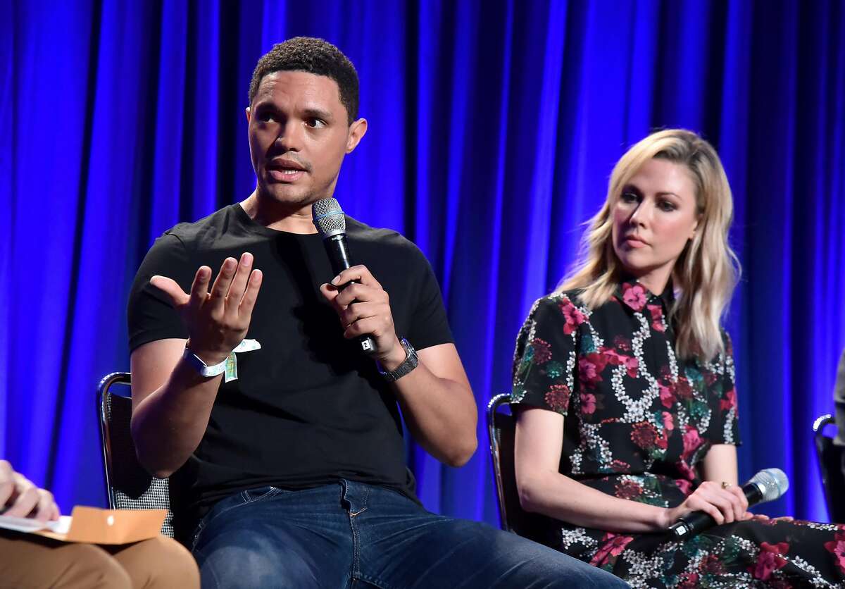 SAN FRANCISCO, CA - JUNE 01: Trevor Noah (L) and Desi Lydic speak onstage during 'The Daily Show Live: A Conversation with Trevor Noah and The World's Fakest News Team' in the Larkin Comedy Club during Clusterfest at Civic Center Plaza and The Bill Graham Civic Auditorium on June 1, 2018 in San Francisco, California. (Photo by Jeff Kravitz/FilmMagic)