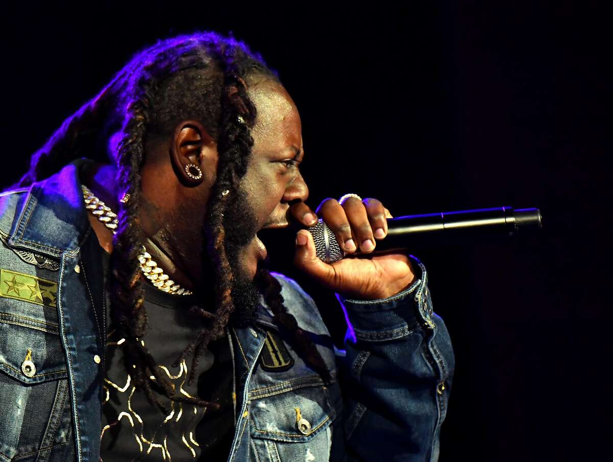 T-Pain performs on the Colossal Stage during Clusterfest at Civic Center Plaza and The Bill Graham Civic Auditorium on June 1, 2018 in San Francisco.