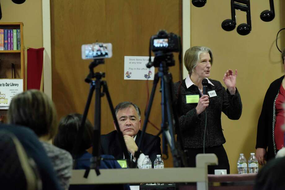 Ronald Kim, left, of Queensbury, and Emily Martz, of Saranac Lake, take part in a 21st Congressional District candidate's forum at the Moreau Community Center on Sunday, Jan. 7, 2018, in South Glens Falls, N.Y.  (Paul Buckowski / Times Union) Photo: PAUL BUCKOWSKI / 20042558A