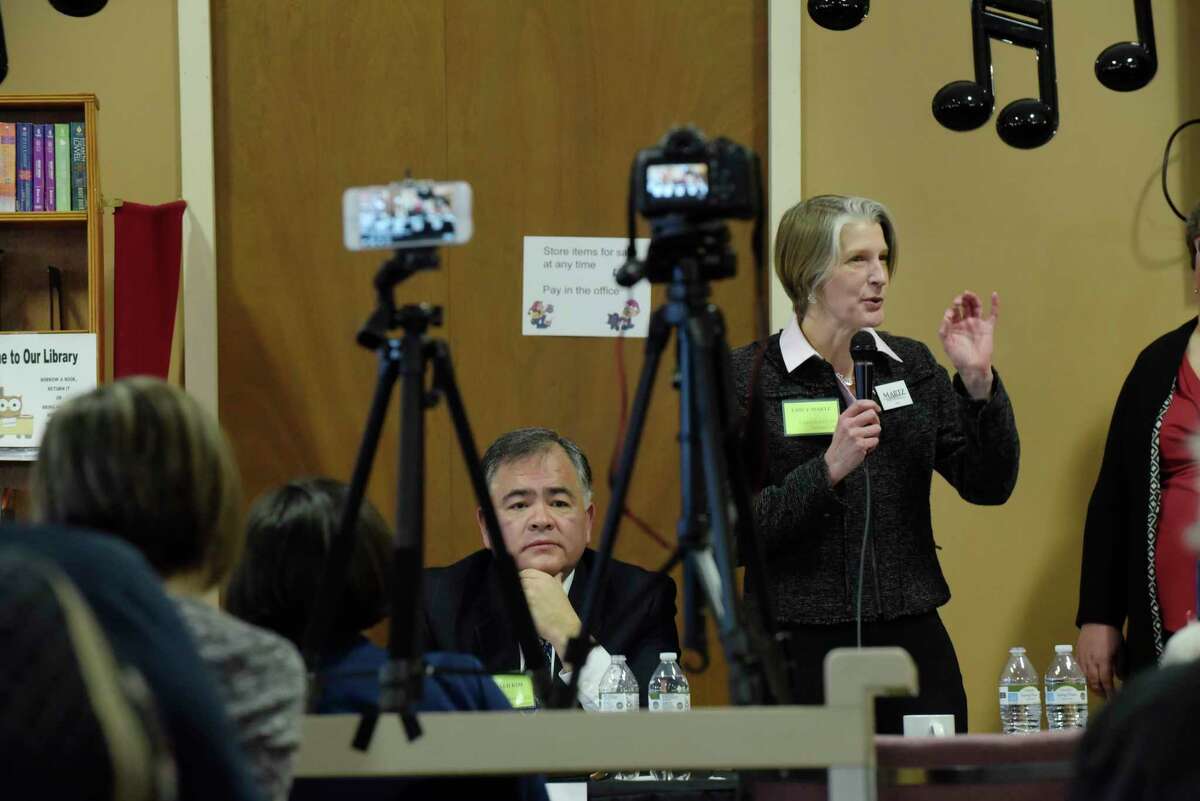 Ronald Kim, left, of Queensbury, and Emily Martz, of Saranac Lake, take part in a 21st Congressional District candidate's forum at the Moreau Community Center on Sunday, Jan. 7, 2018, in South Glens Falls, N.Y. (Paul Buckowski / Times Union)