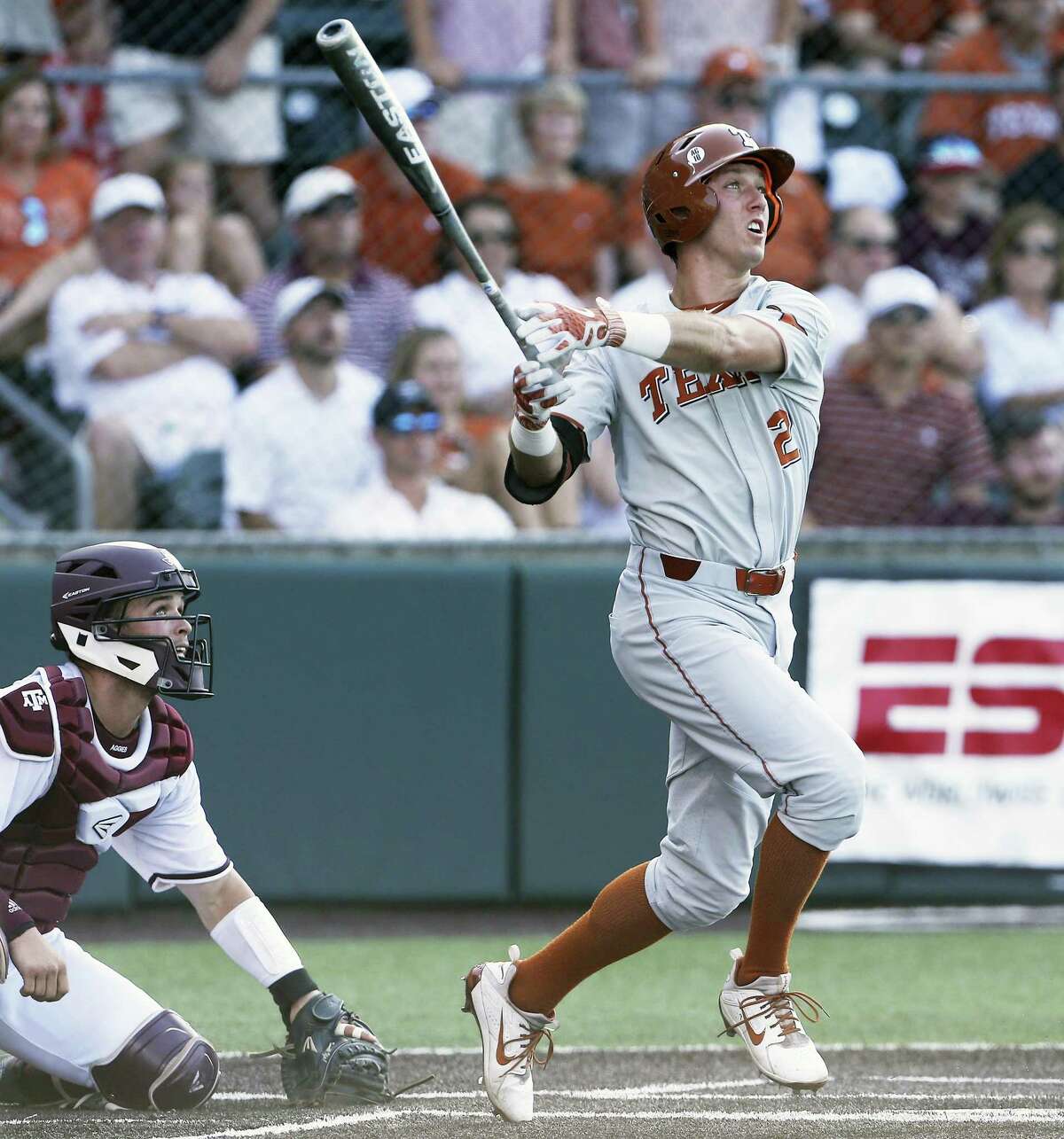 Kody Clemens watches his first inning homer sail out of the park as Texas plays Texas A&M at Disch-Falk Field in Austin in the second round of the NCAA Regional playoffs on June 2, 2018.