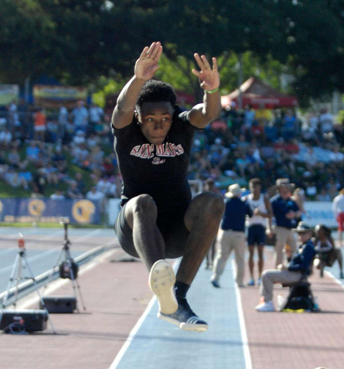 St. Mary's-Berkeley sophomore Malcolm Clemons won the boys long jump in wind-aided 25-1 at the CIF Track and Fields Championships in Clovis on Saturday. Photo by Eric Taylor/1st String