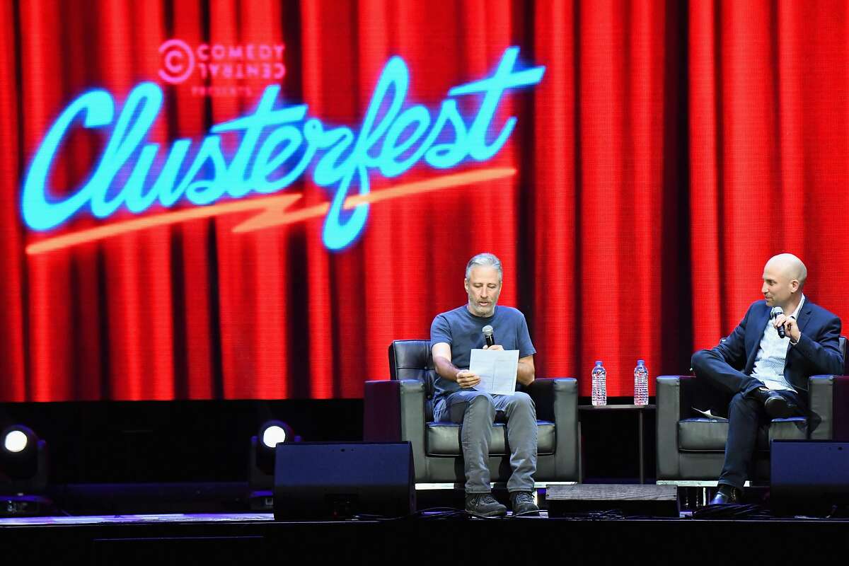 SAN FRANCISCO, CA - JUNE 03: In Conversation with Jon Stewart Moderated by San Francisco Chronicle's Peter Hartlaub on the Bill Graham Stage during Clusterfest at Civic Center Plaza and The Bill Graham Civic Auditorium on June 3, 2018 in San Francisco, California. (Photo by Jeff Kravitz/FilmMagic) *** Local Caption *** Jon Stewart; Peter Hartlaub