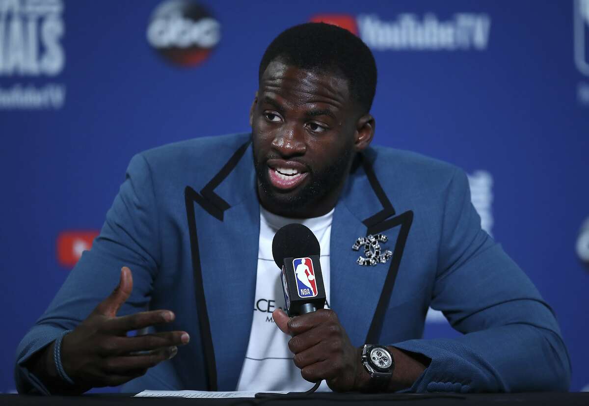 Golden State Warriors forward Draymond Green speaks at a news conference after Game 2 of basketball's NBA Finals between the Warriors and the Cleveland Cavaliers in Oakland, Calif., Sunday, June 3, 2018. The Warriors won 122-103. (AP Photo/Ben Margot)