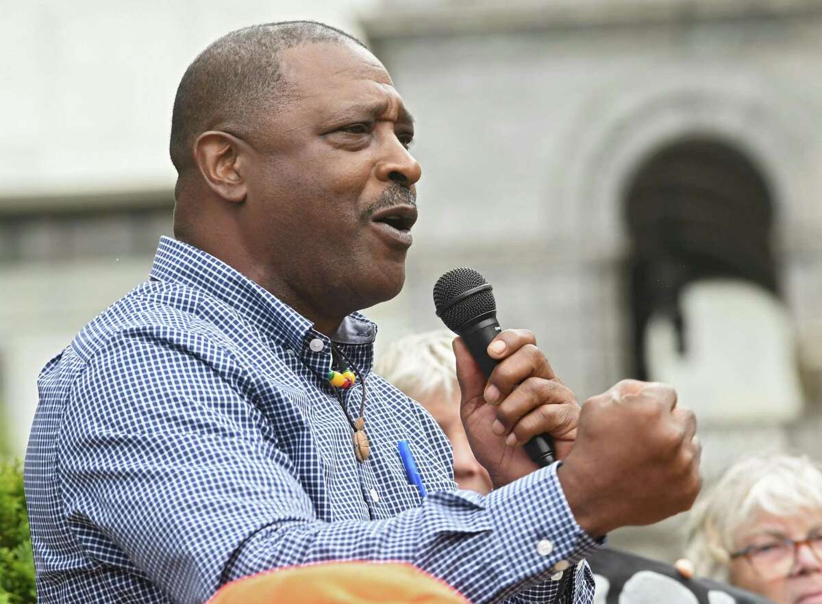 Willie White, executive director for AVillage, speaks as participants in New York Poor People?•s Campaign: A National Call for Moral Revival demand immediate action to ensure all New Yorkers have access to healthcare and clean drinking water on Monday, June 4, 2018 in Albany, N.Y. The protest took place in Layfayette Park near the Capitol. (Lori Van Buren/Times Union)