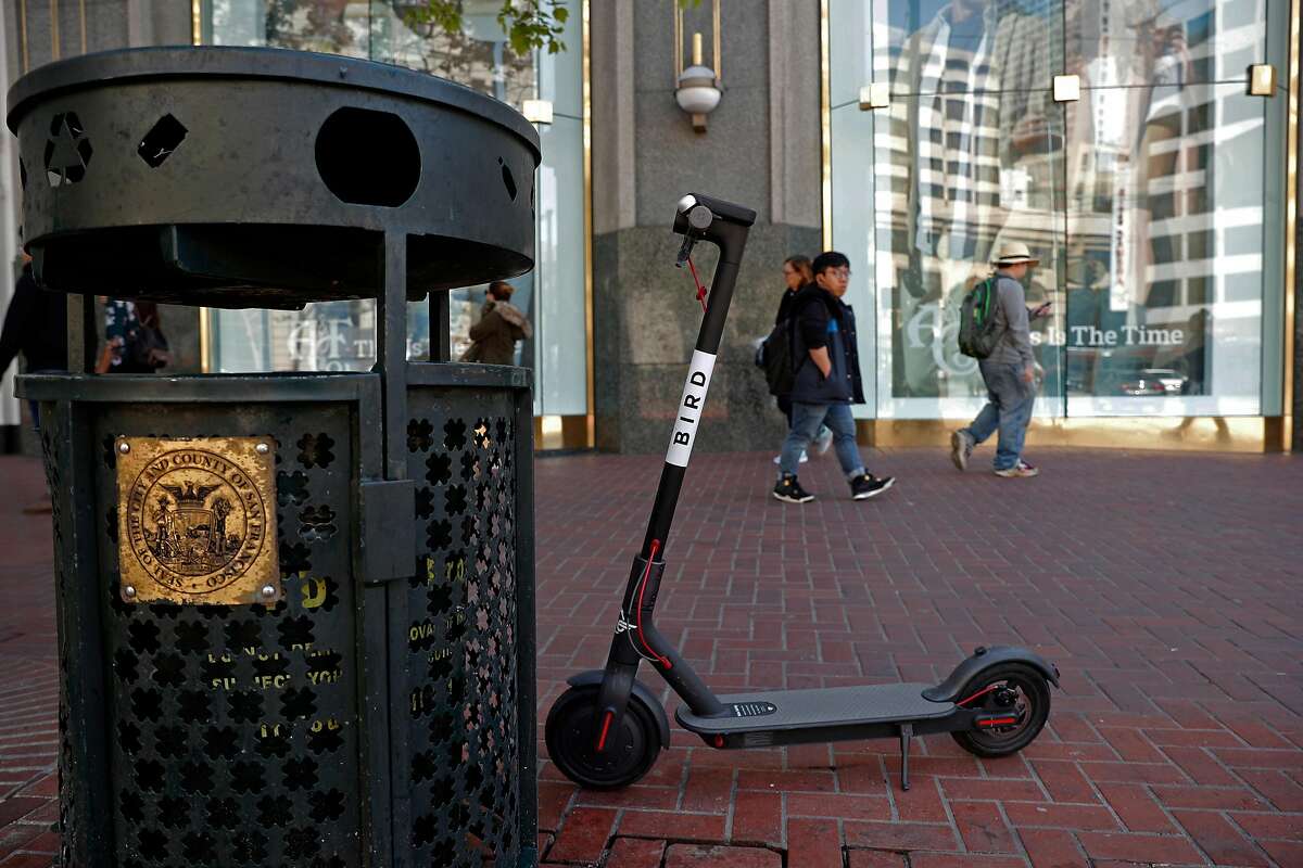 A Bird scooter parked along Market st. as seen on Mon. April 9, 2018, in San Francisco, Calif.
