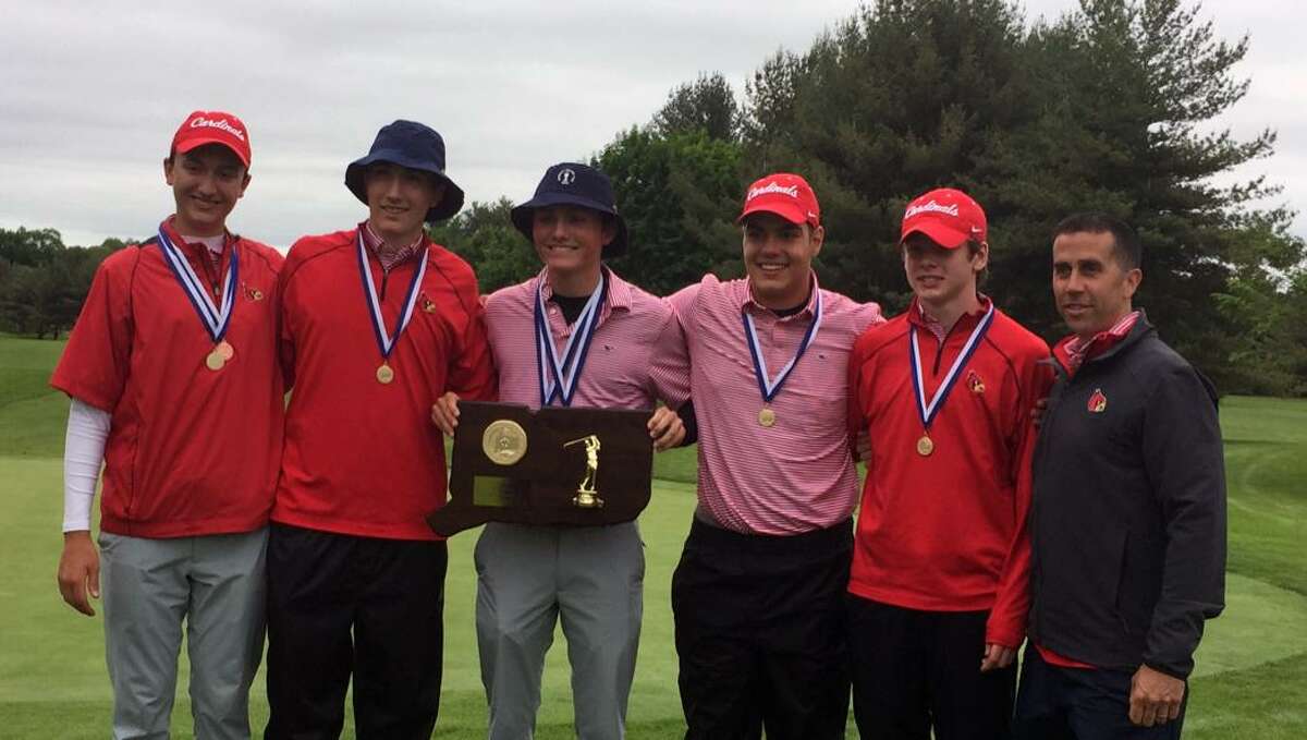 The Greenwich High School boys golf team and coach Jeff Santilli, right, smile after winning the CIAC Division I championship at Stanley Golf Course in New Britain, Conn. on Monday, June 4, 2018.