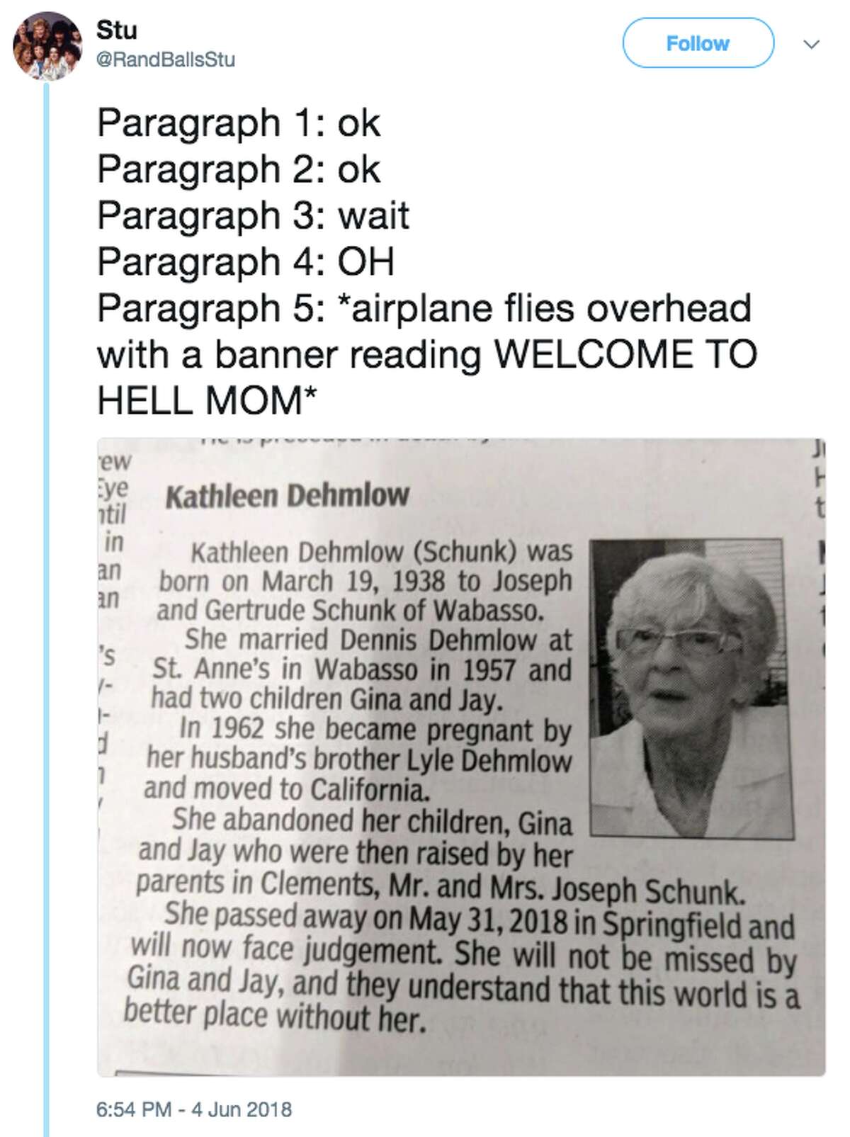 The Redwood Falls Gazette in Minnesota published an obituary on June 4 that's going viral.
