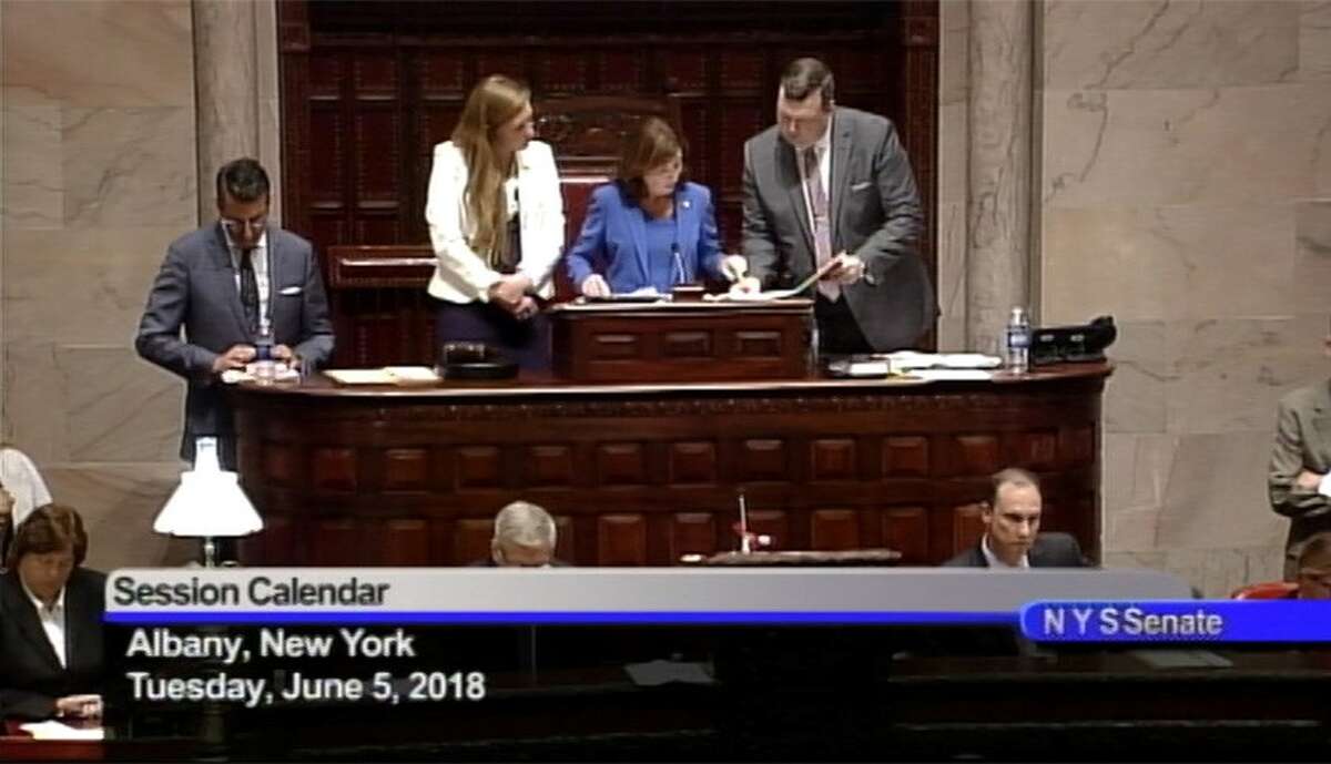 Lt. Gov. Kathy Hochul oversees a chaotic day in the state Senate, which included a veto override vote and a procedural floor fight on Tuesday, June 5, 2018. (Screenshot)