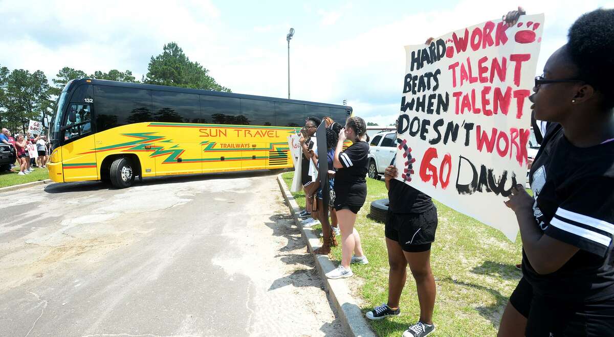 A bus full of Jasper baseball players leaves the school Tuesday headed for Austin to compete in the State tournament. The Bulldog's first game is Wednesday at 1 p.m. Photo taken Tuesday, June 05, 2018 Guiseppe Barranco/The Enterprise