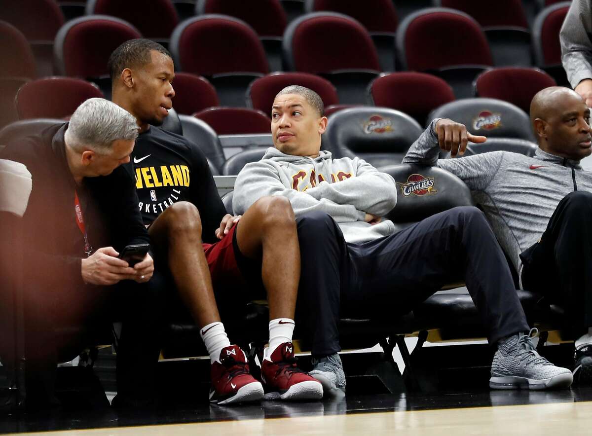 Cleveland Cavaliers' head coach Tyronn Lue talks with Rodney Hood during practice in advance of Game 3 of the NBA Finals at Quickens Loan Arena in Cleveland, OH on Tuesday, June 5, 2018.