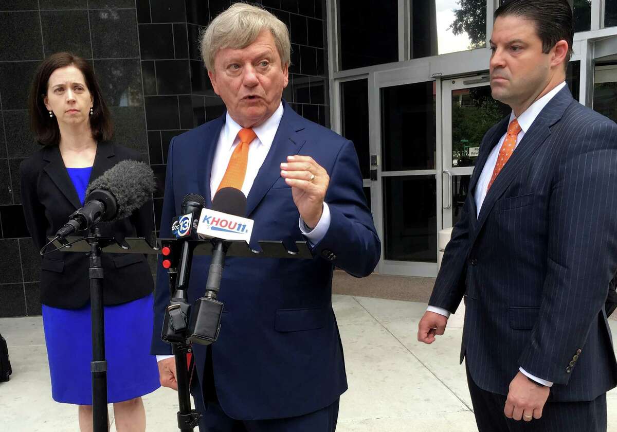 Defense attorney Rusty Hardin, center, discusses the convictions of his client, Carlos Guimaraes, 67, and Carlos?’ wife, Jemima Guimaraes, 66, after a jury found them guilty of aiding and abetting their daughter in the international parental kidnapping of their 8-year-old grandson in 2013. Both were acquitted on a related conspiracy count by a federal court jury in Houston on May 25, 2018. Also shown are Hardin?’s co-counsel Jennifer Brevorka and Jimmy Ardoin, who represents Jemima Guimaraes.