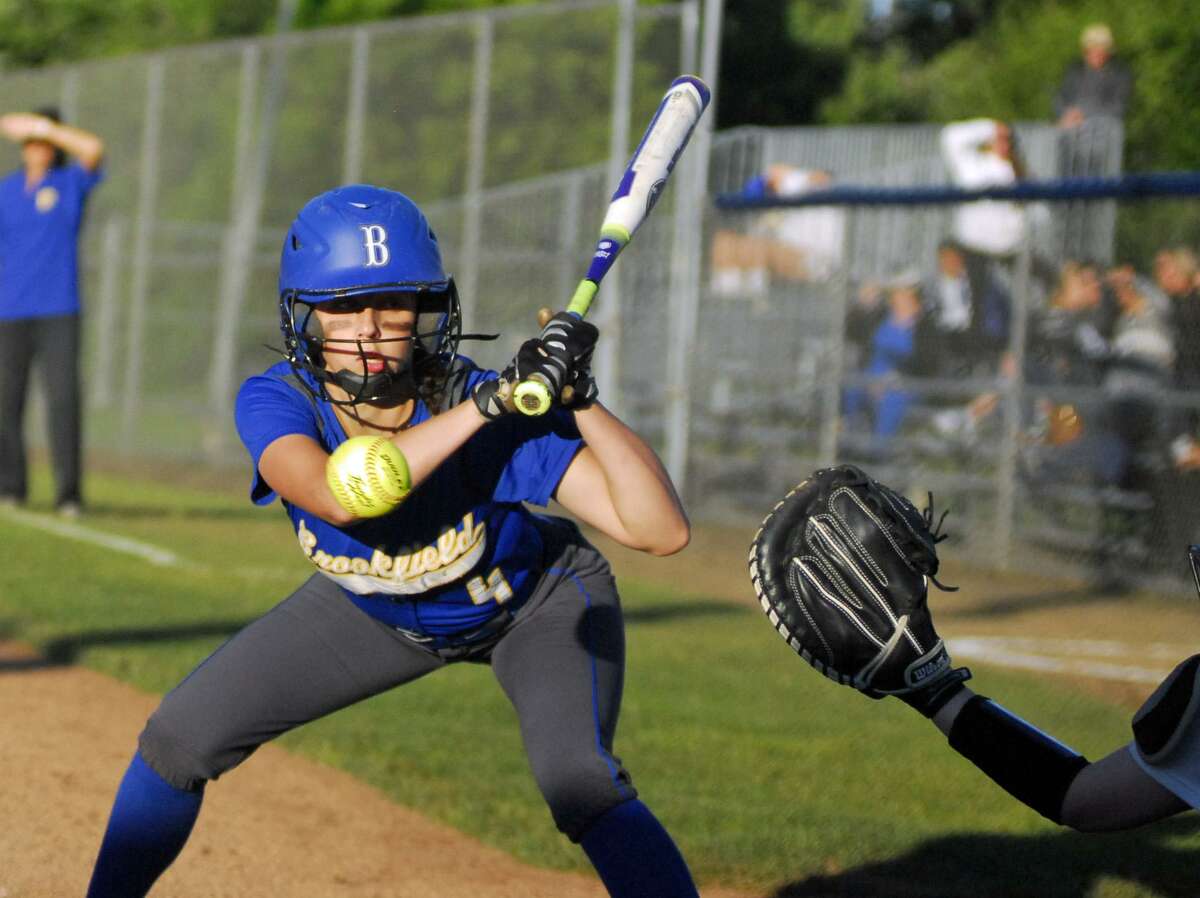 Brookfield’s Avery Katz looks at a pitch during a Class L semifinal game against Daniel Hand on Tuesday.