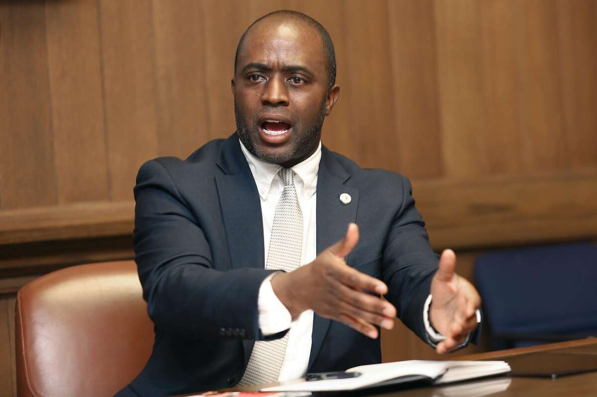 Tony Thurmond, candidate for Superintendent of Public Instruction, speaks at the San Francisco Chronicle on Thursday, March 22, 2018, in San Francisco, Calif.