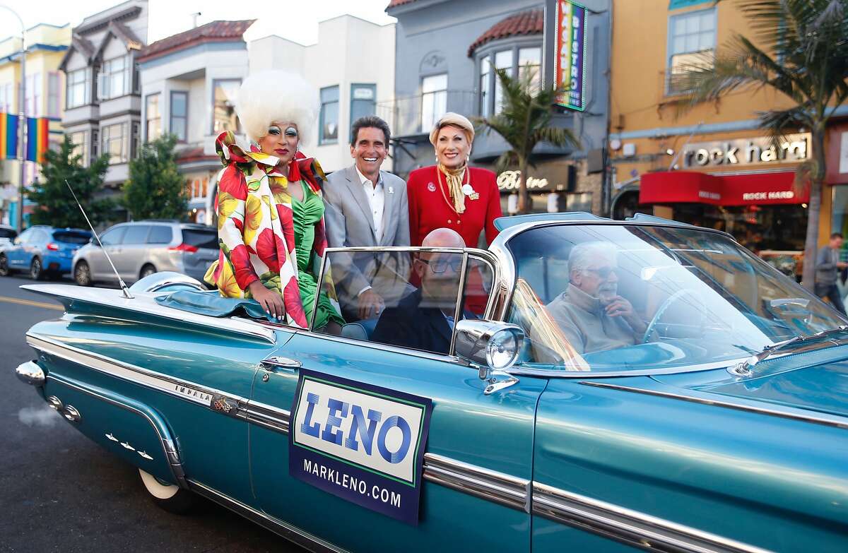 San Francisco mayoral candidate Mark Leno rides through the Castro District in a classic car ahead of his election night party at Harvey Milk Plaza in San Francisco, Calif. Tuesday, June 5, 2018.